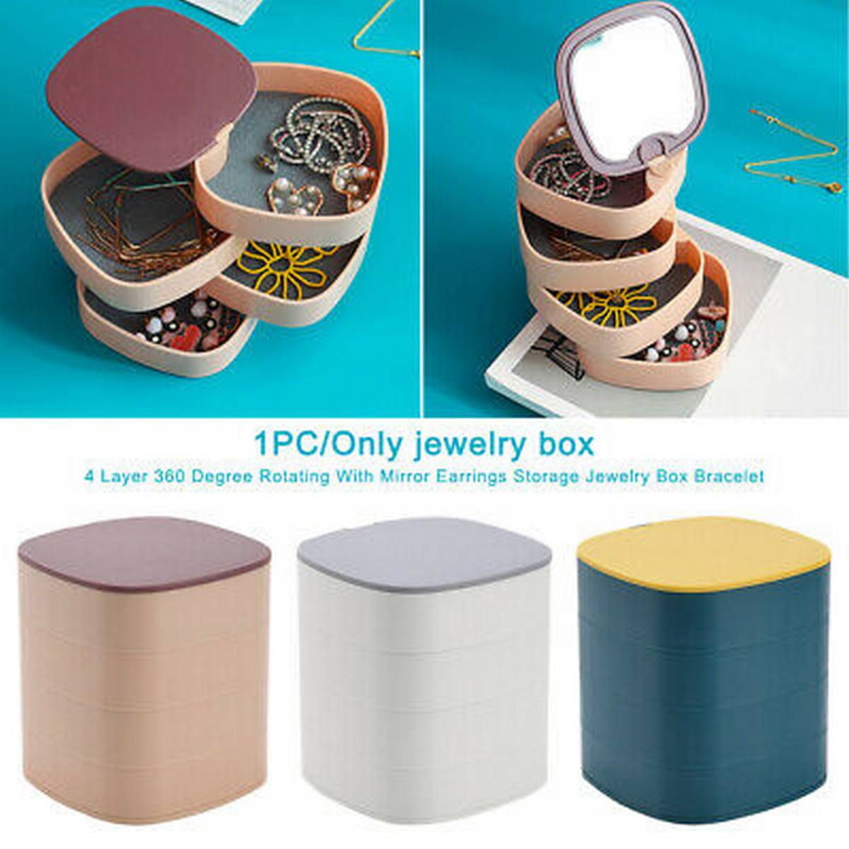 360° Rotating Multi-Layer Jewelry Organizer with Mirror – Portable Storage Box for Accessories