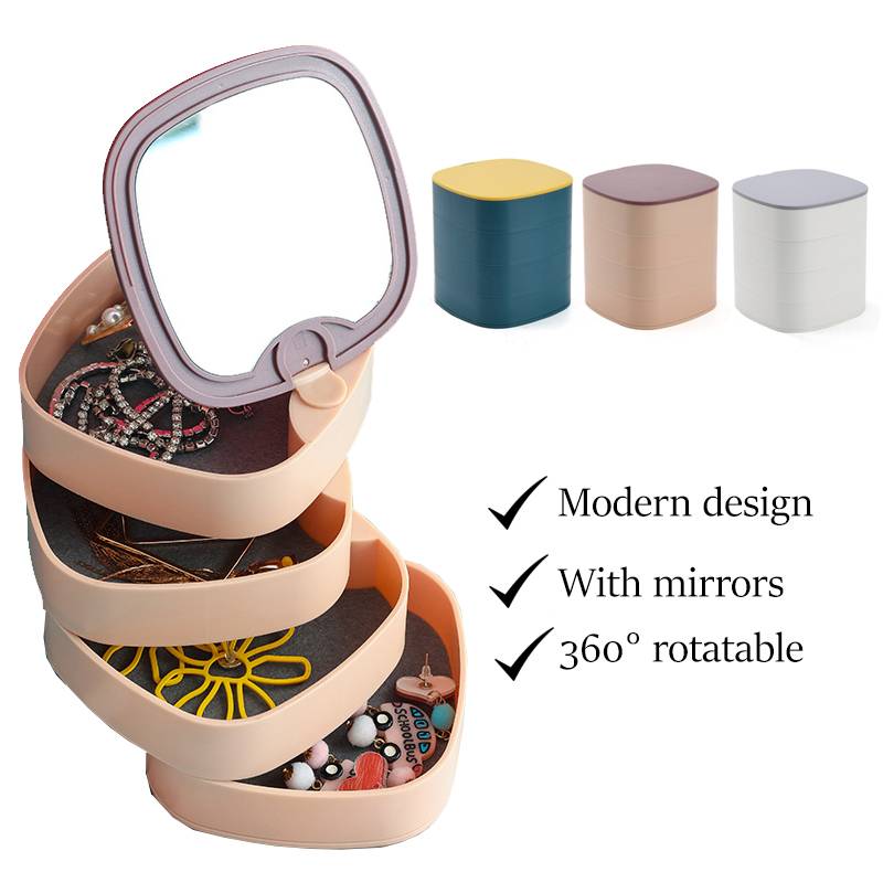 360° Rotating Multi-Layer Jewelry Organizer with Mirror – Portable Storage Box for Accessories