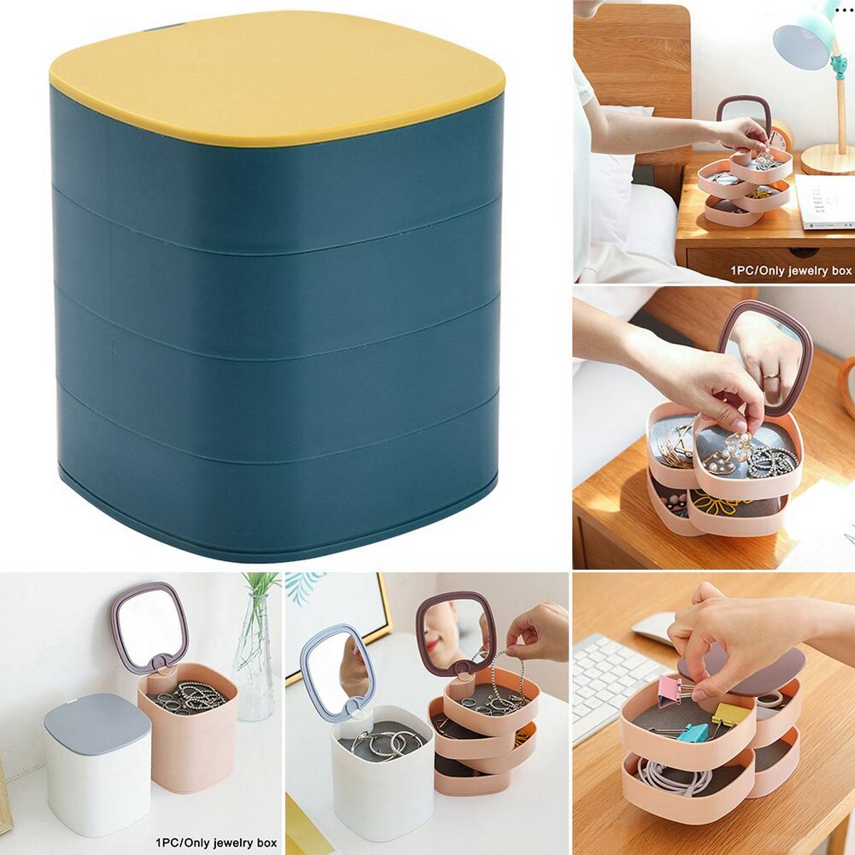 360° Rotating Multi-Layer Jewelry Organizer with Mirror – Portable Storage Box for Accessories